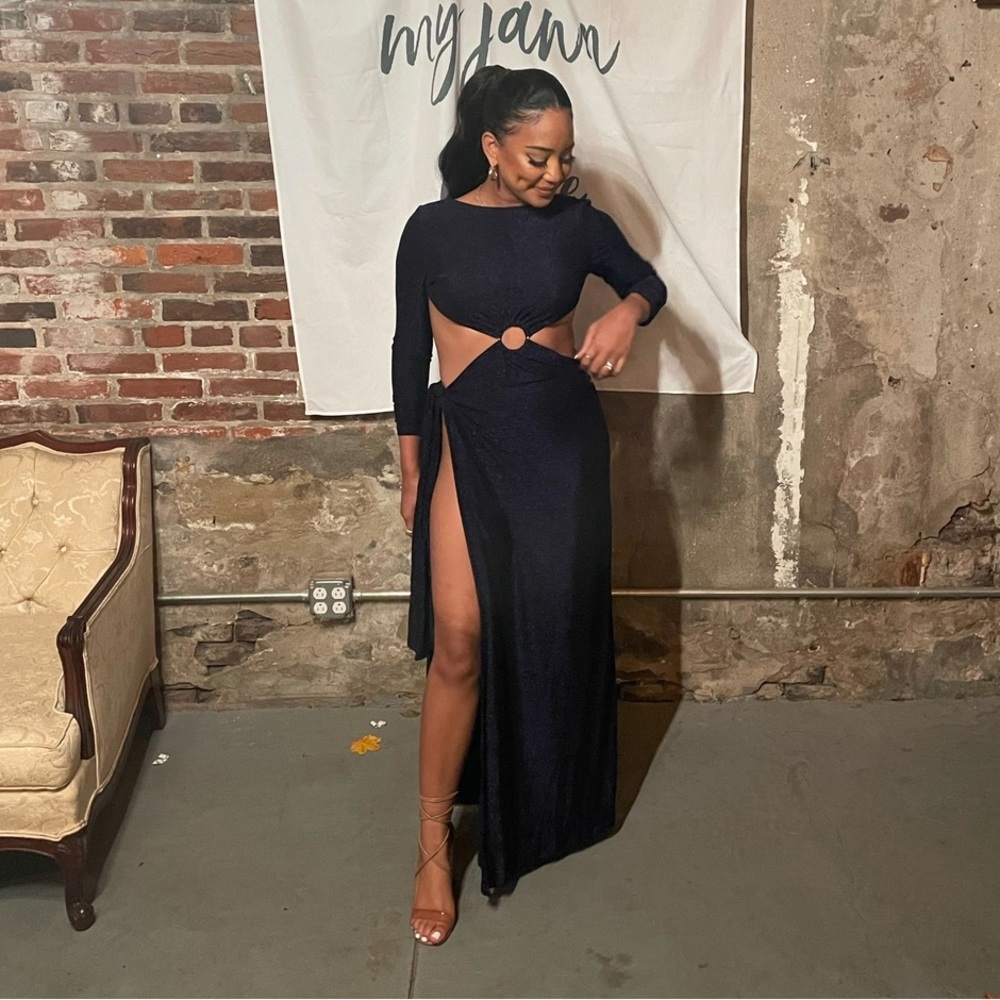 MESHKI Deep Navy Sparkling Cutout Slit Maxi Dress